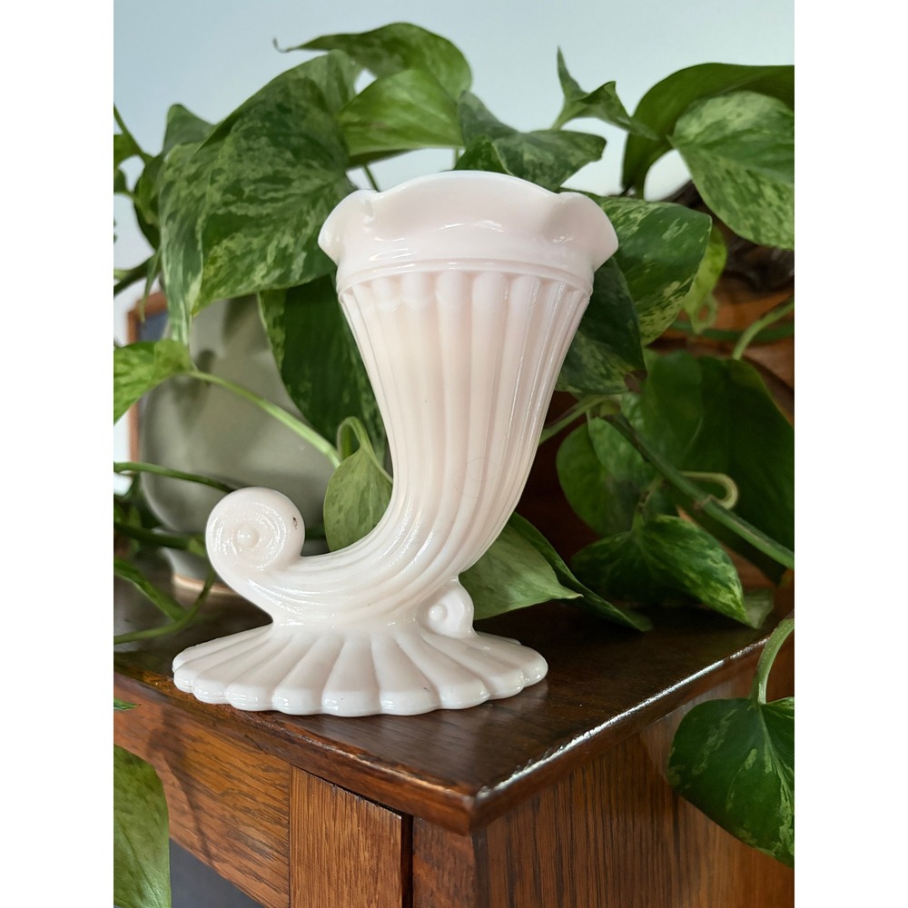 Vintage Fenton Rosalene Pink Milk Glass Cornucopia Horn of Plenty Ruffled Vase